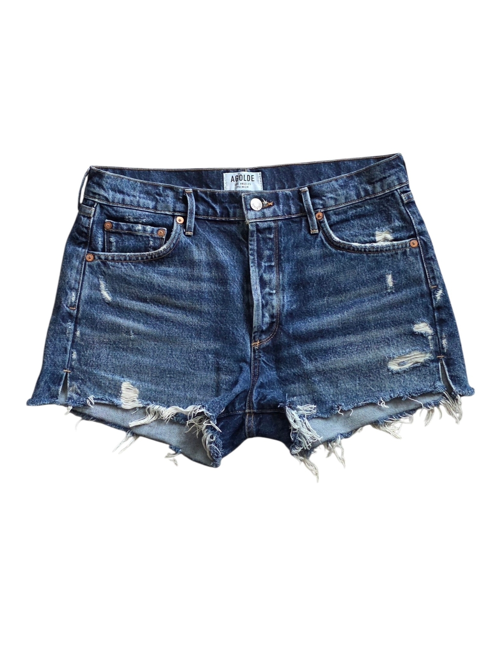 Agolde Dark Indigo Distressed Denim Jean Shorts
